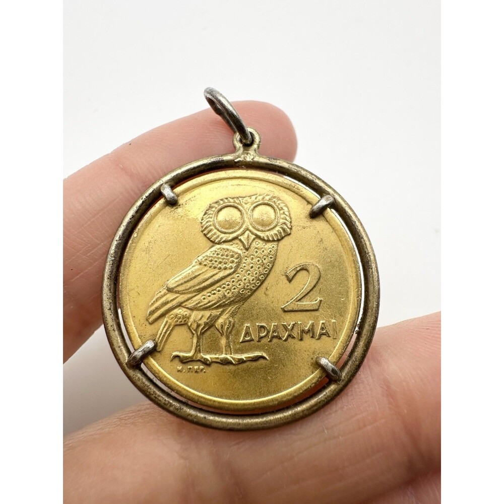 Handmade Greece 2 Drachma Coin Owl Pendant 1973